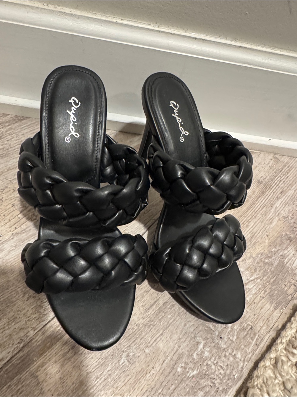 Qupid Black Braided Double-Strap Slide Heels